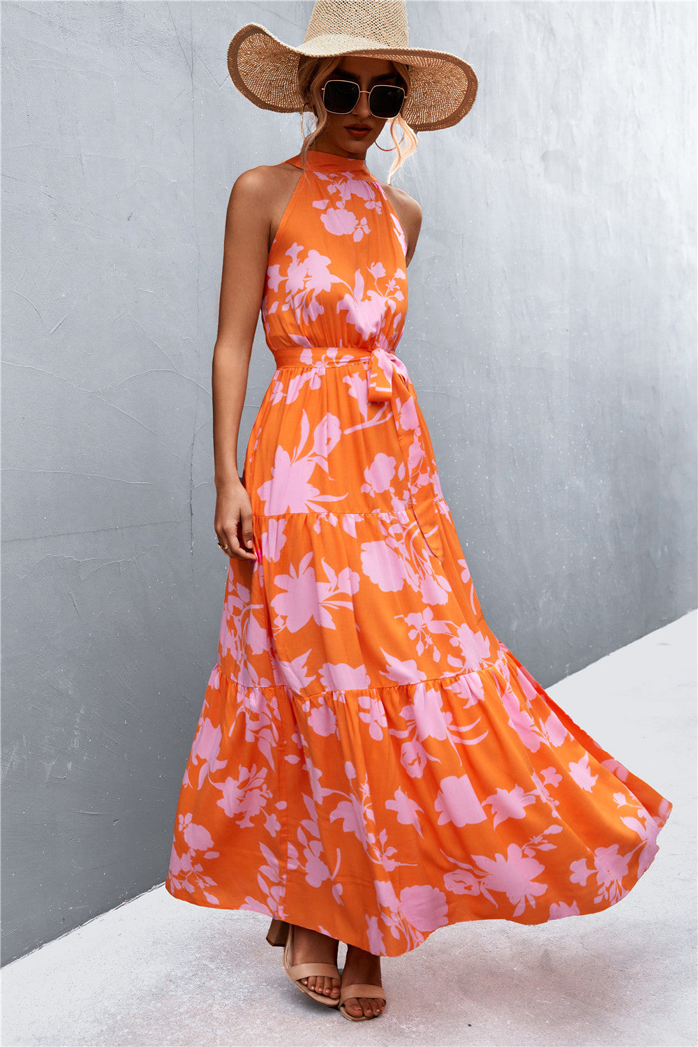 Stylish Printed Tie Waist Maxi Dress – Effortless Elegance