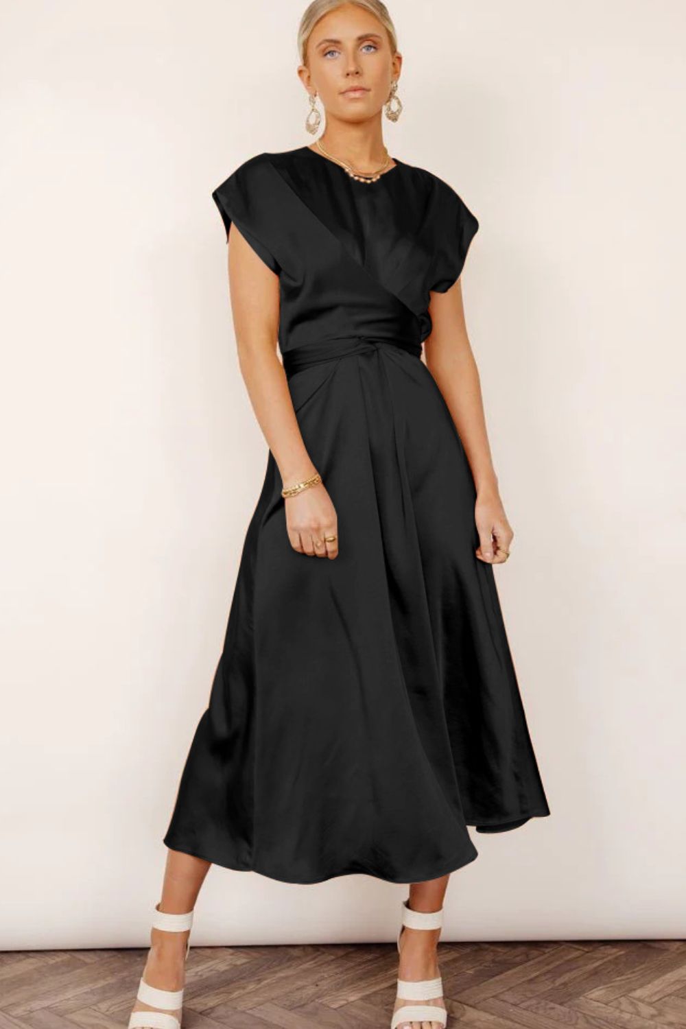 Sophisticated Elegance: Satin Cap Sleeve Midi Dress