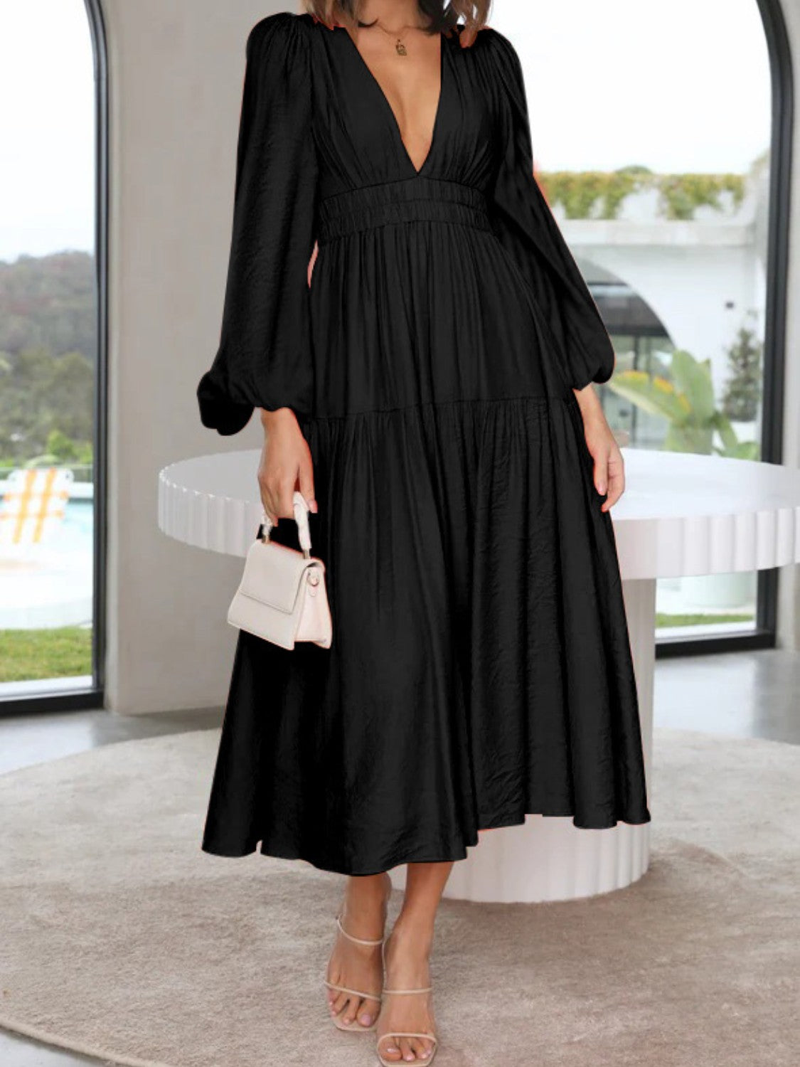 Unleash Your Style: Deep V-Neck Balloon Sleeve Maxi Dress