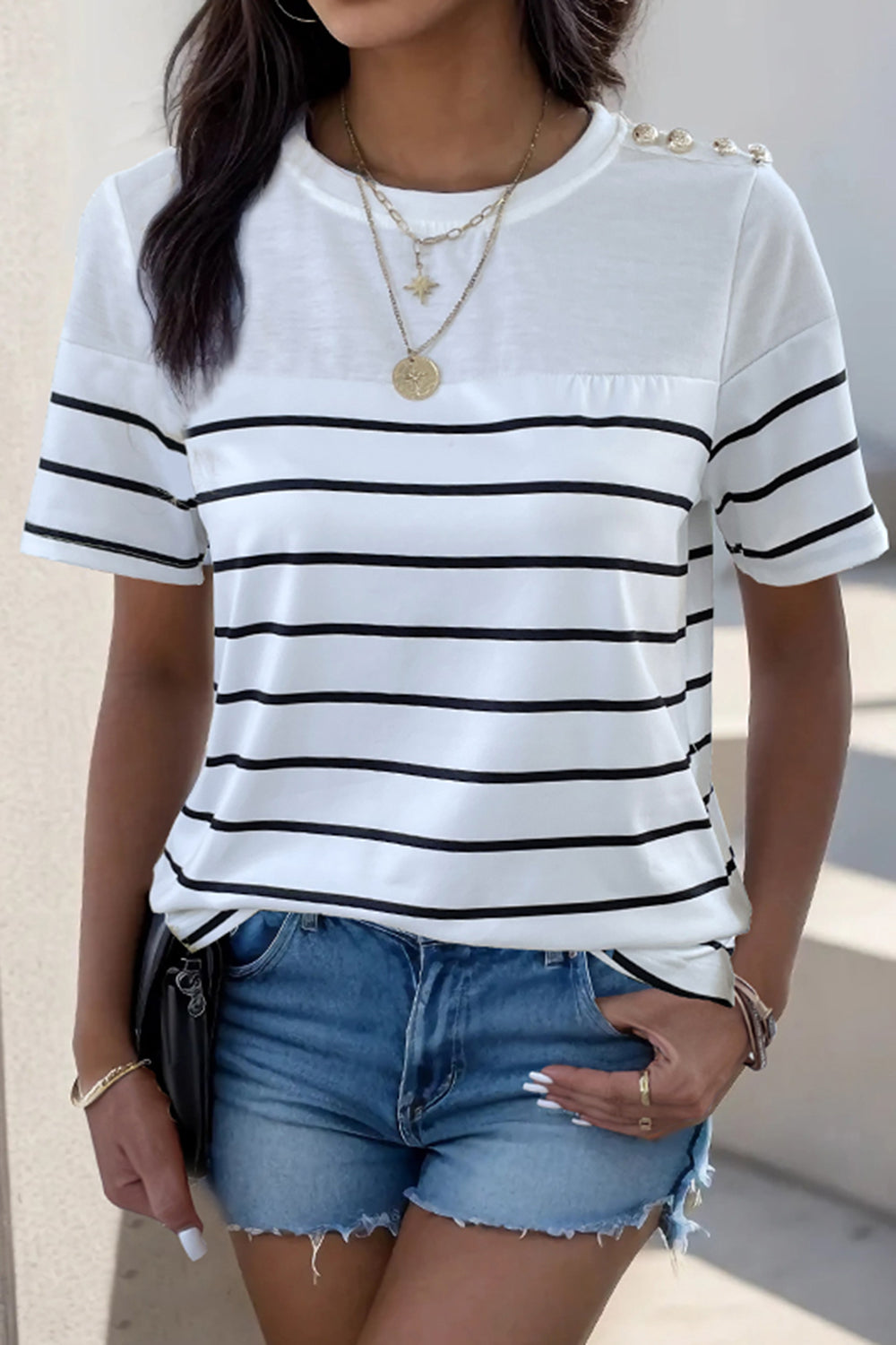 Decorative Button Striped Short Sleeve T-Shirt - Front View: Make a statement with our trendy striped tee featuring decorative buttons.