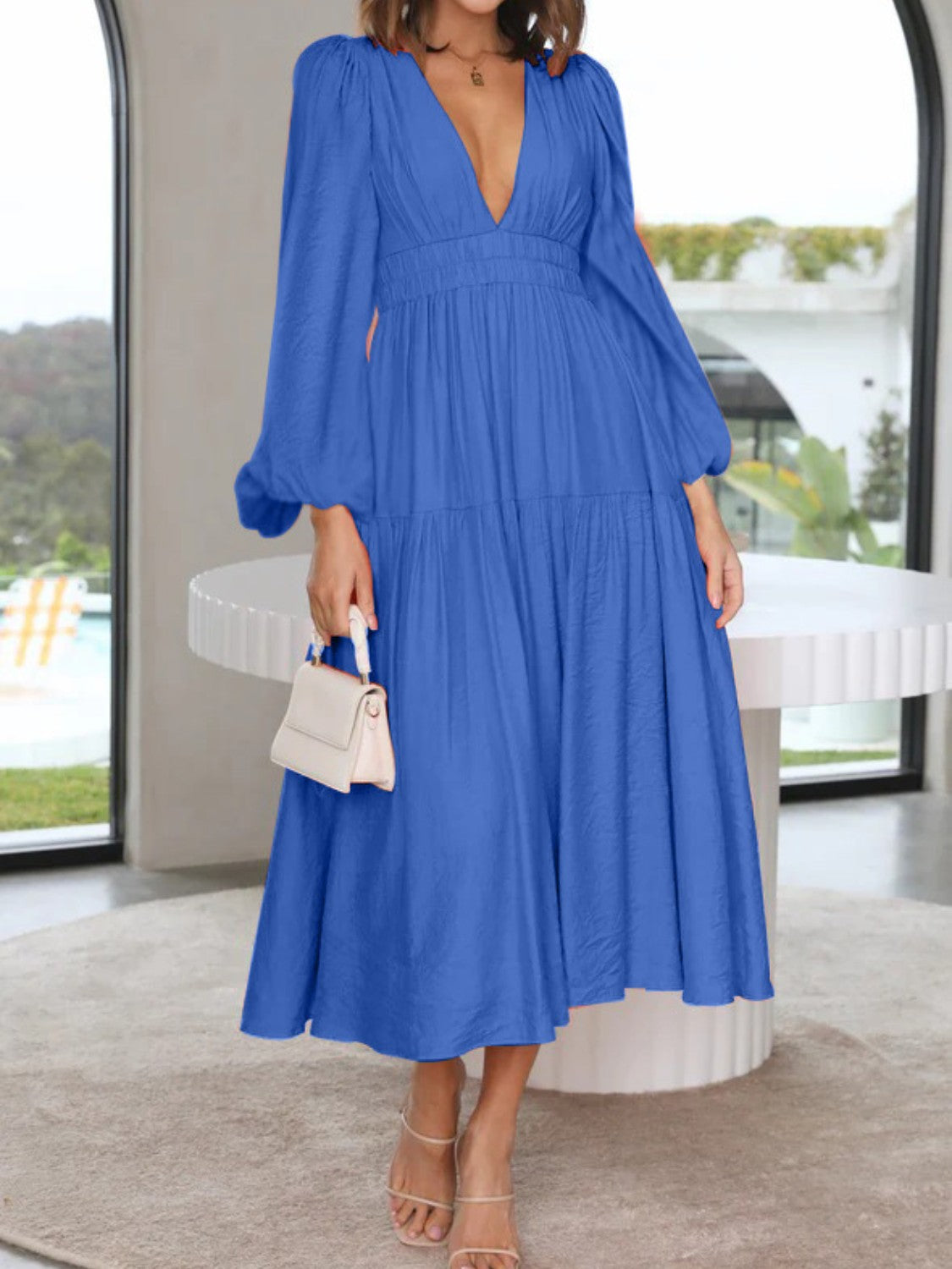 Unleash Your Style: Deep V-Neck Balloon Sleeve Maxi Dress