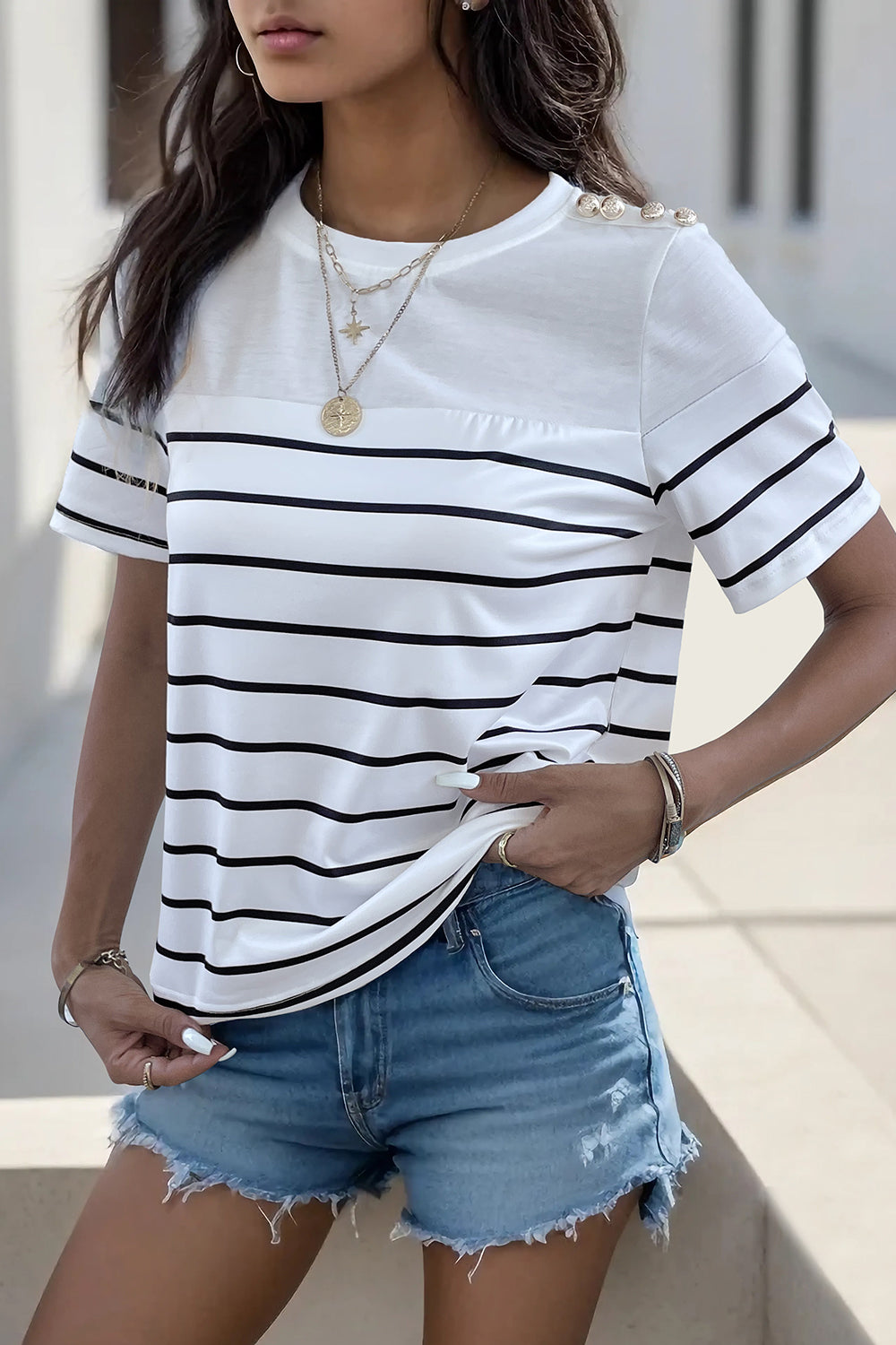 Decorative Button Striped Short Sleeve T-Shirt - Front View: Make a statement with our trendy striped tee featuring decorative buttons.