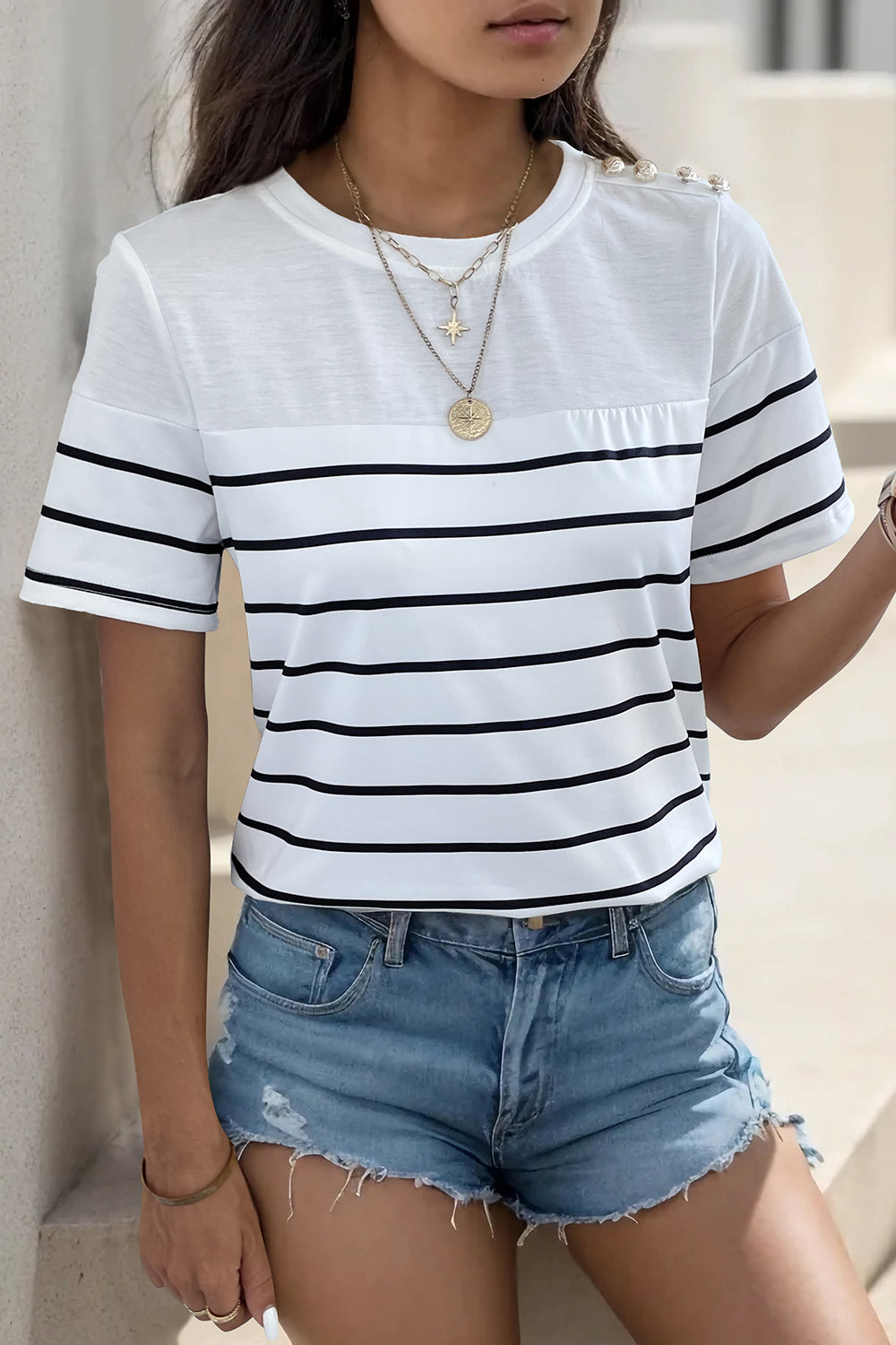 Decorative Button Striped Short Sleeve T-Shirt - Front View: Make a statement with our trendy striped tee featuring decorative buttons.