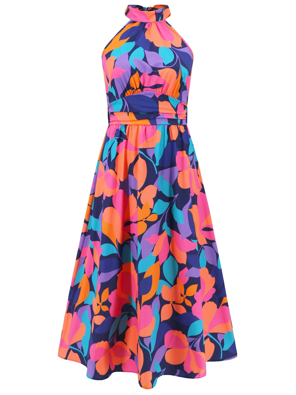 Unleash Your Inner Glam with the Ruched Printed Halter Neck Sleeveless Dress