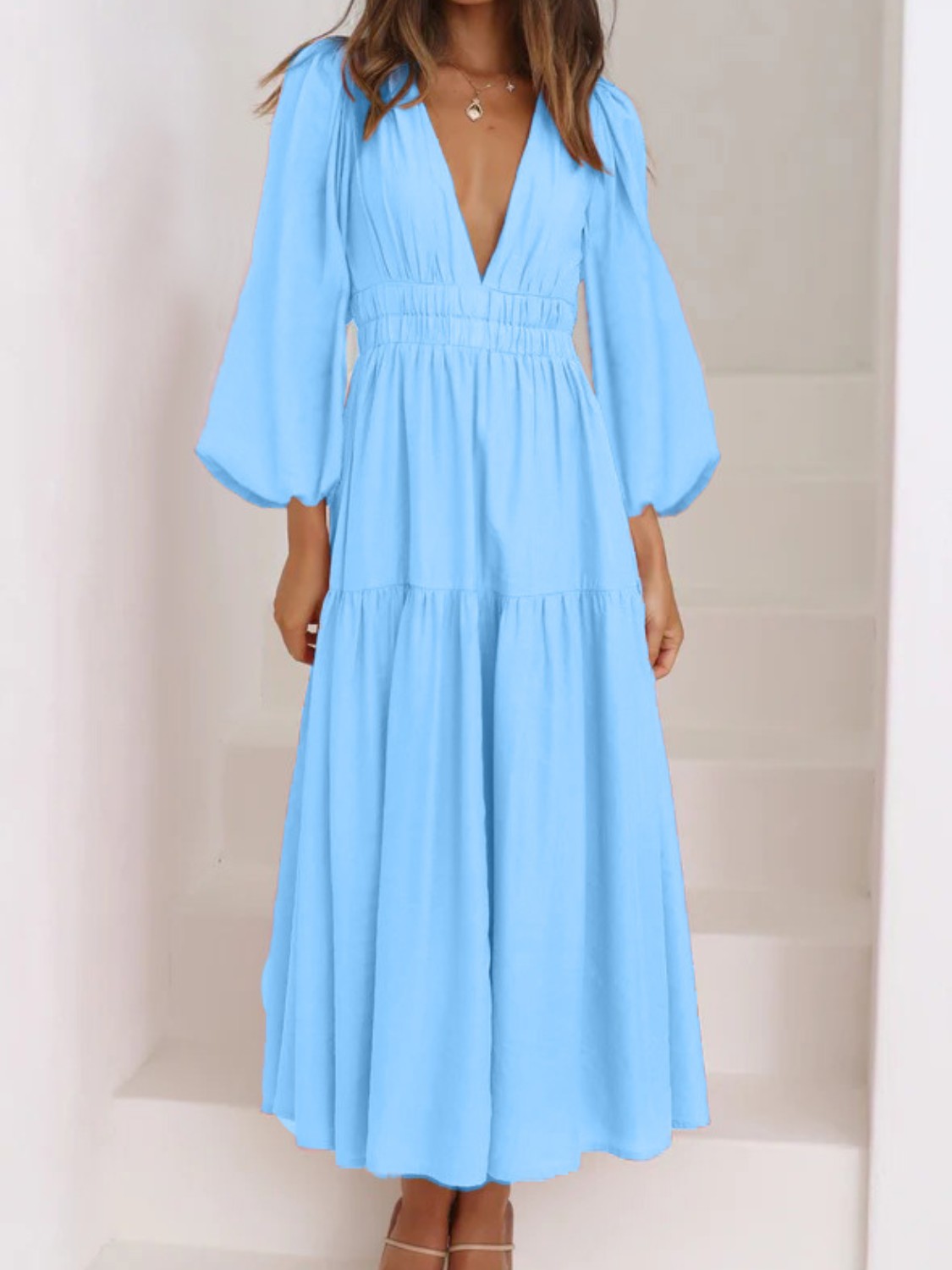 Unleash Your Style: Deep V-Neck Balloon Sleeve Maxi Dress