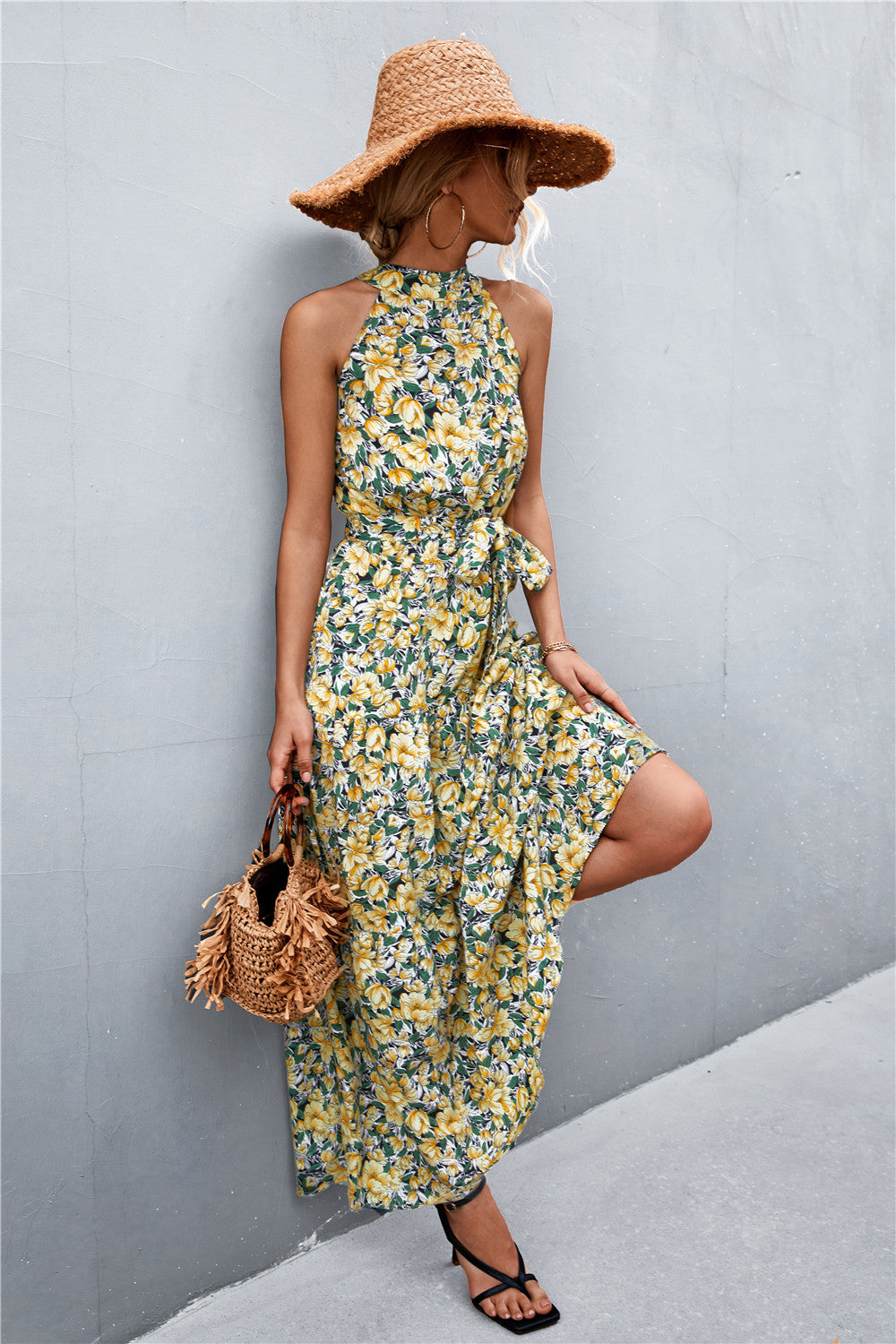 Stylish Printed Tie Waist Maxi Dress – Effortless Elegance