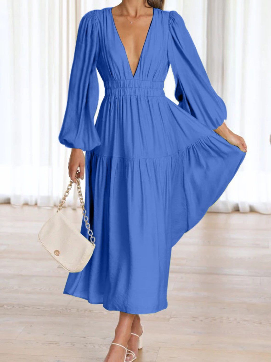 Unleash Your Style: Deep V-Neck Balloon Sleeve Maxi Dress