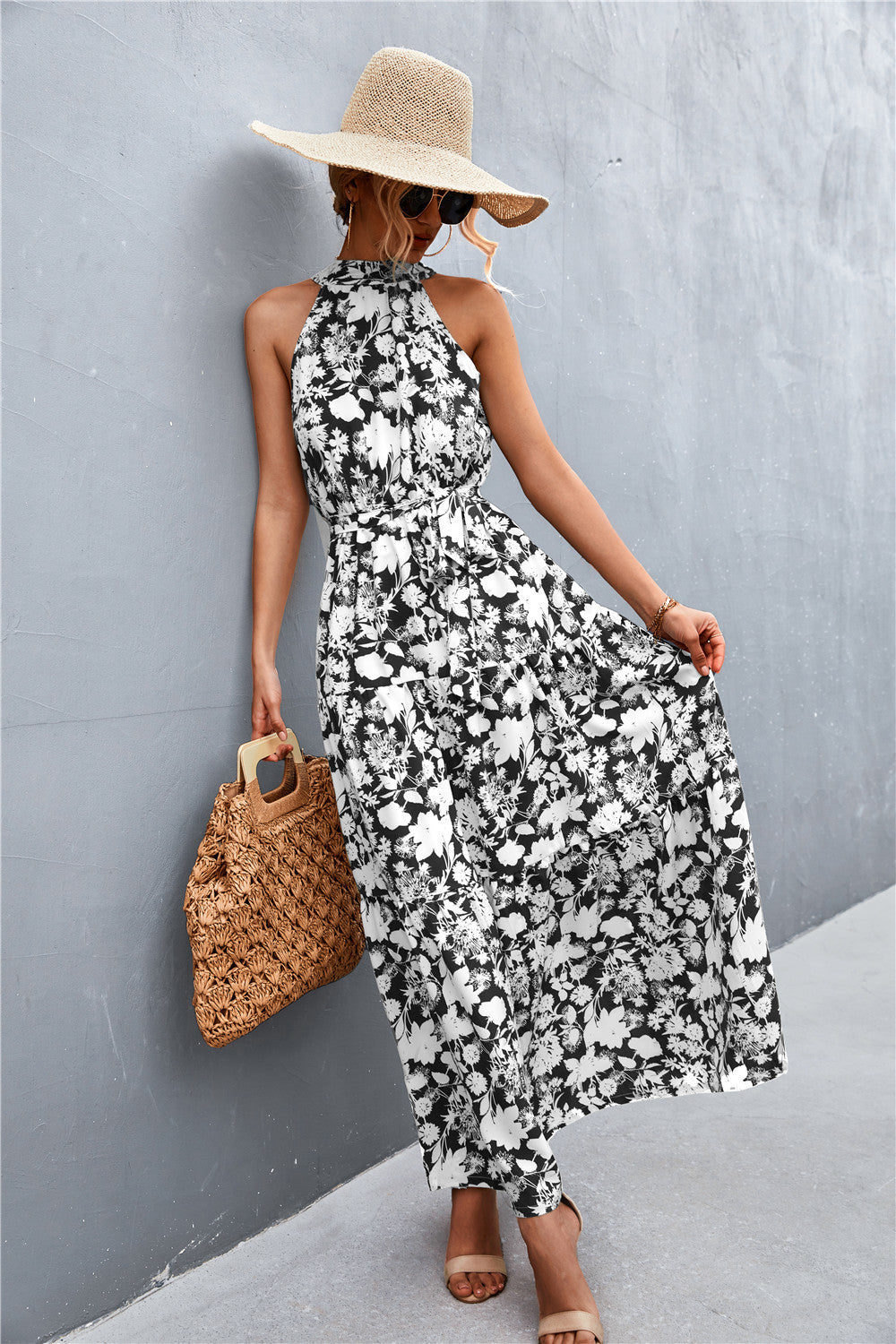 Stylish Printed Tie Waist Maxi Dress – Effortless Elegance