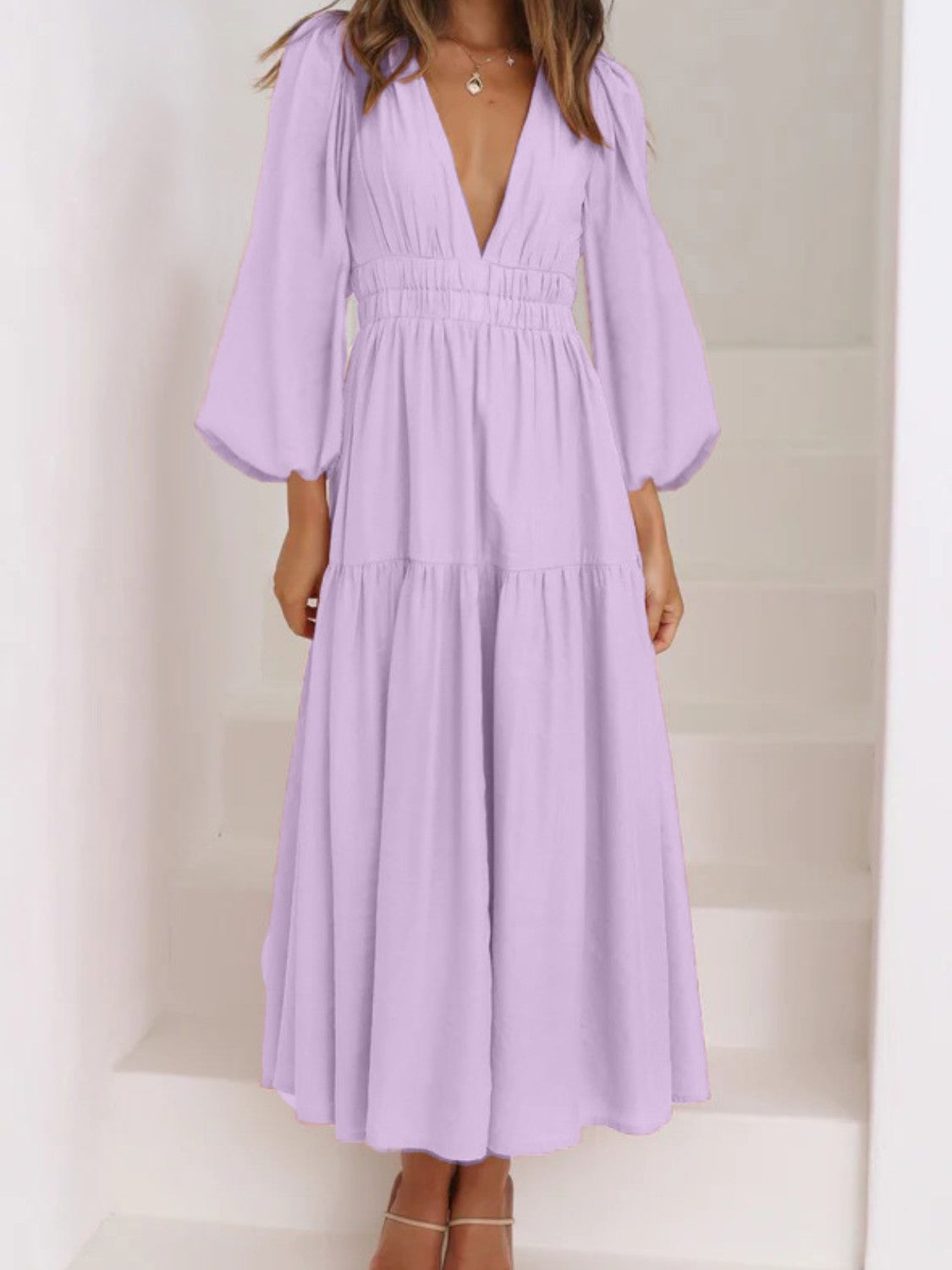 Unleash Your Style: Deep V-Neck Balloon Sleeve Maxi Dress