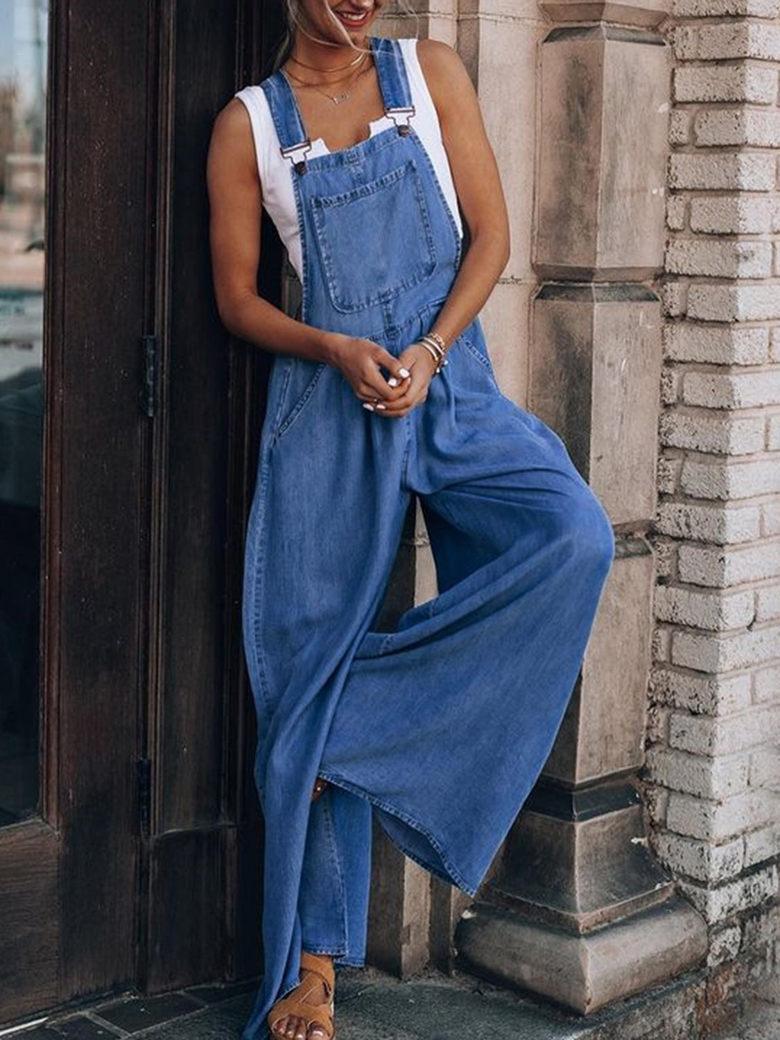 Wide Leg Denim Overalls - Stylish and comfortable overalls with a trendy wide leg design and adjustable straps. Perfect for casual wear.