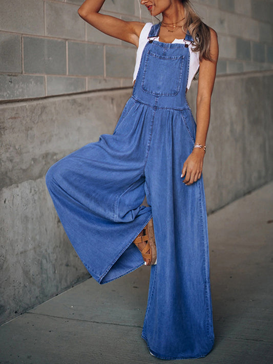 Wide Leg Denim Overalls - Stylish and comfortable overalls with a trendy wide leg design and adjustable straps. Perfect for casual wear.