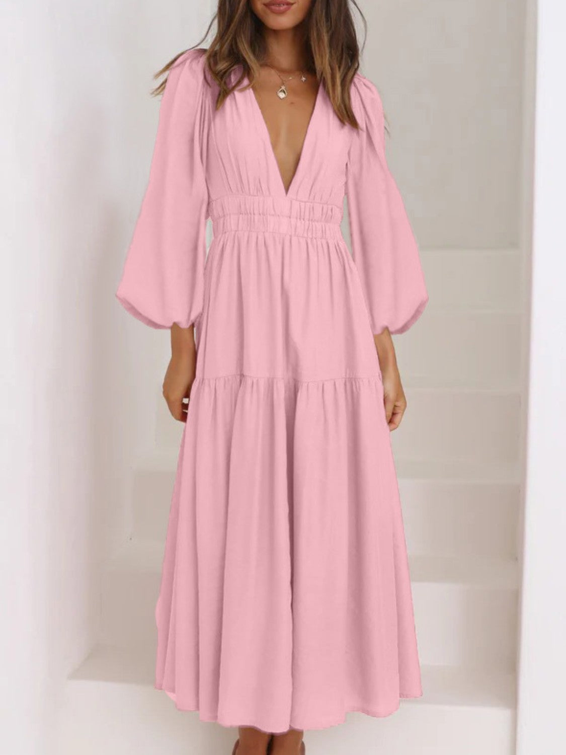 Unleash Your Style: Deep V-Neck Balloon Sleeve Maxi Dress