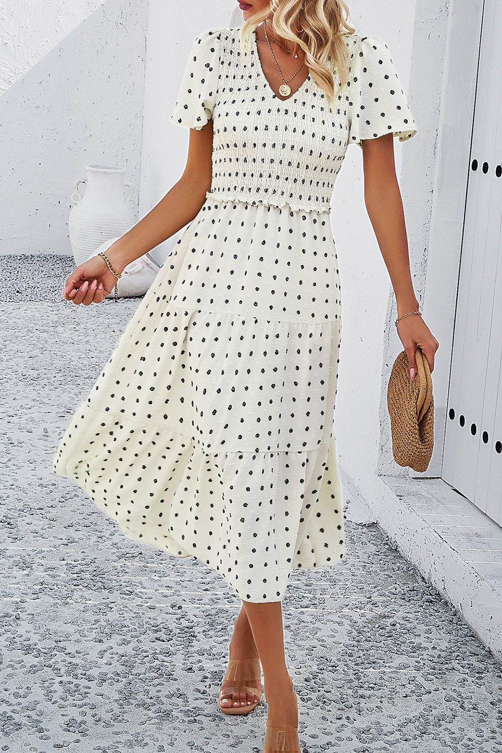 Swiss Dot Short Sleeve Smocked Dress - Front View: Delight in the whimsical charm of our Swiss dot dress.