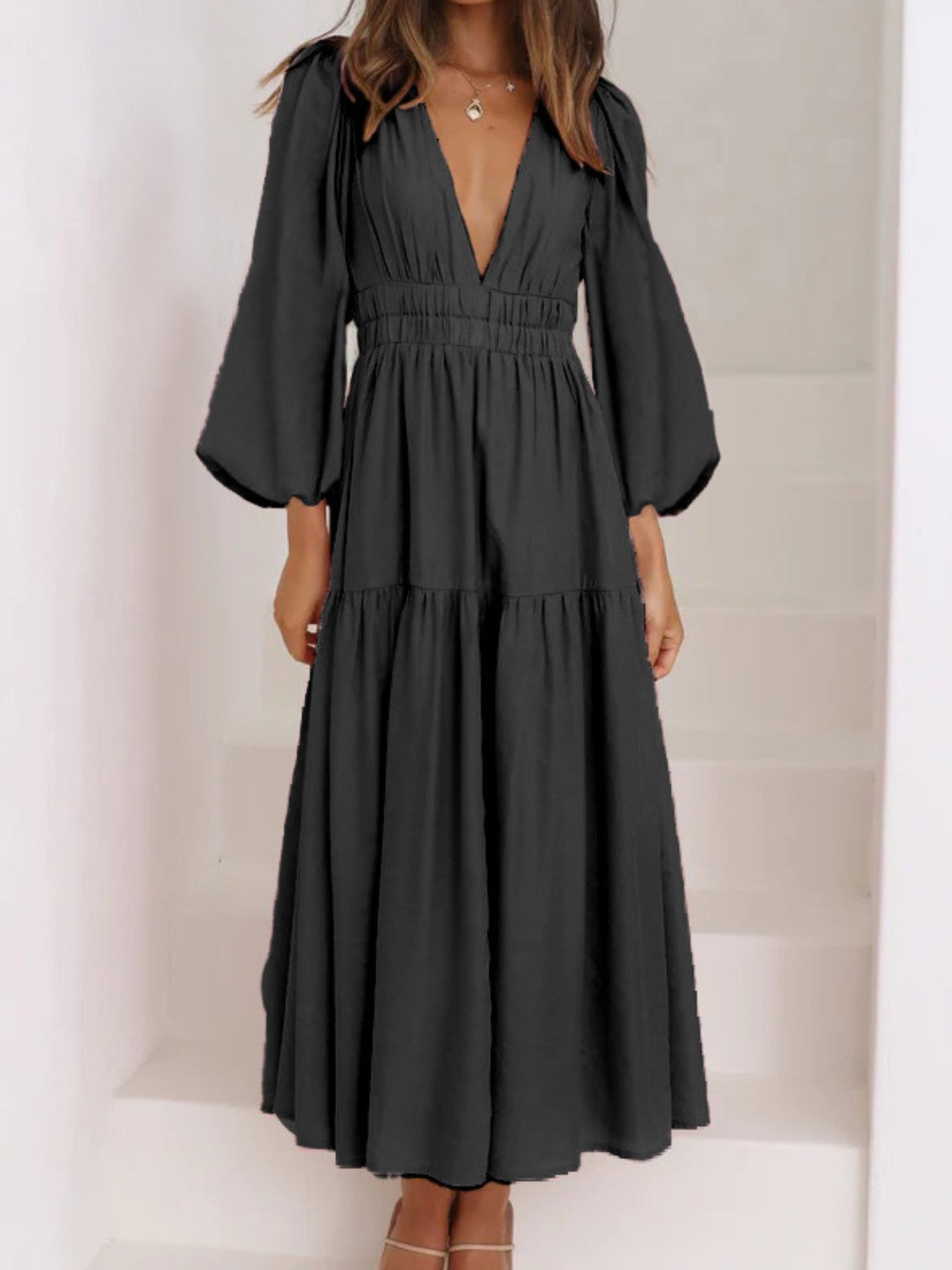 Unleash Your Style: Deep V-Neck Balloon Sleeve Maxi Dress