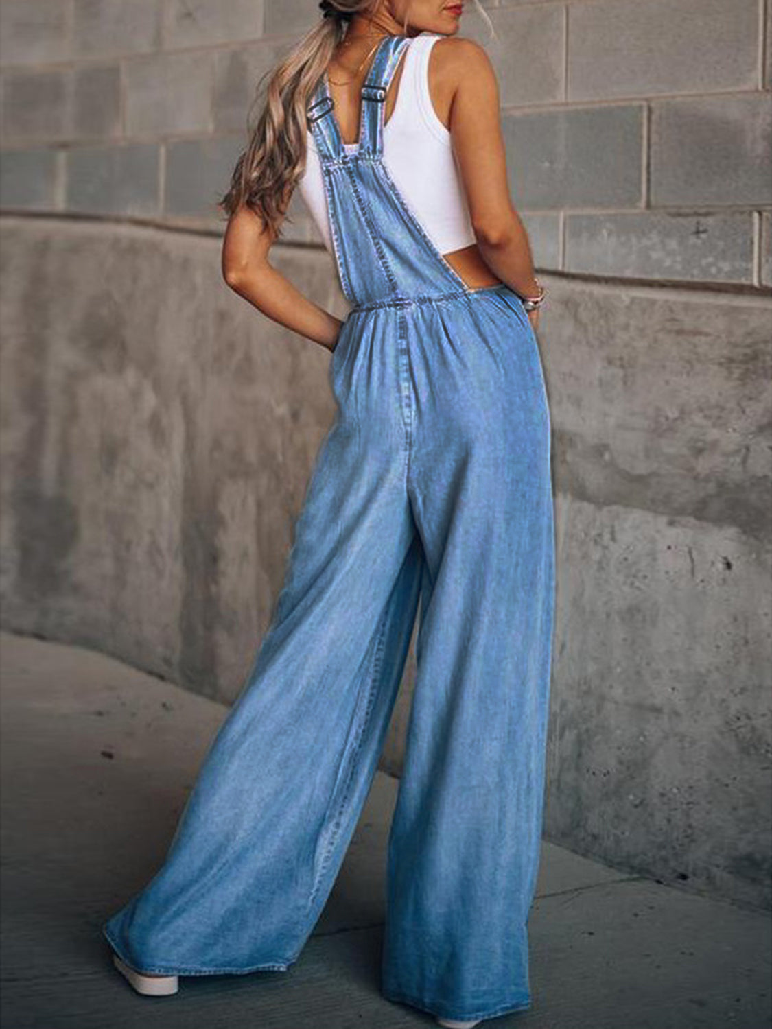 Wide Leg Denim Overalls - Stylish and comfortable overalls with a trendy wide leg design and adjustable straps. Perfect for casual wear.