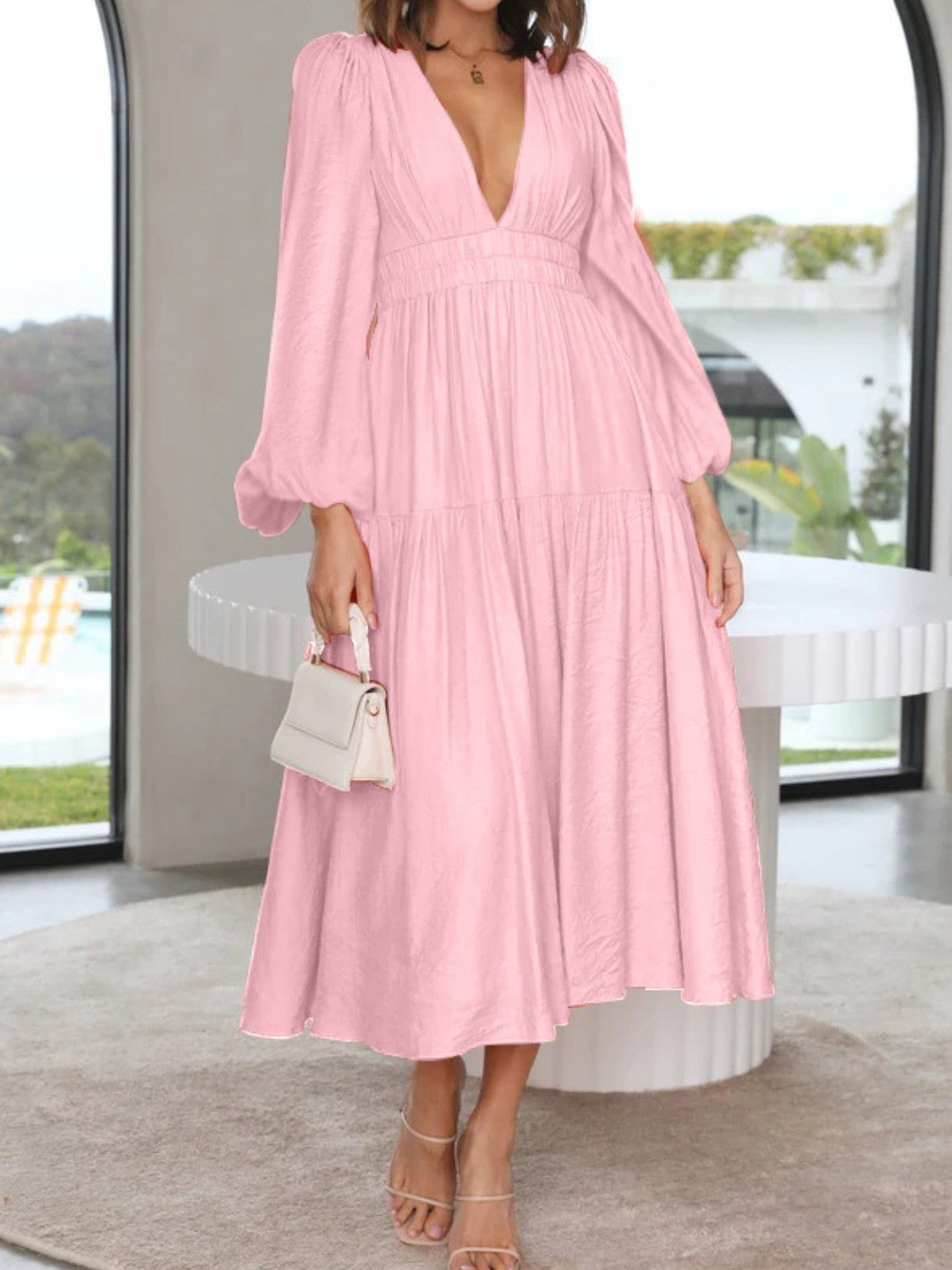 Unleash Your Style: Deep V-Neck Balloon Sleeve Maxi Dress