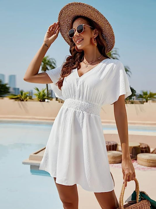 Summer Elegance: Smocked V-Neck Short Sleeve Perfect Summer Dress