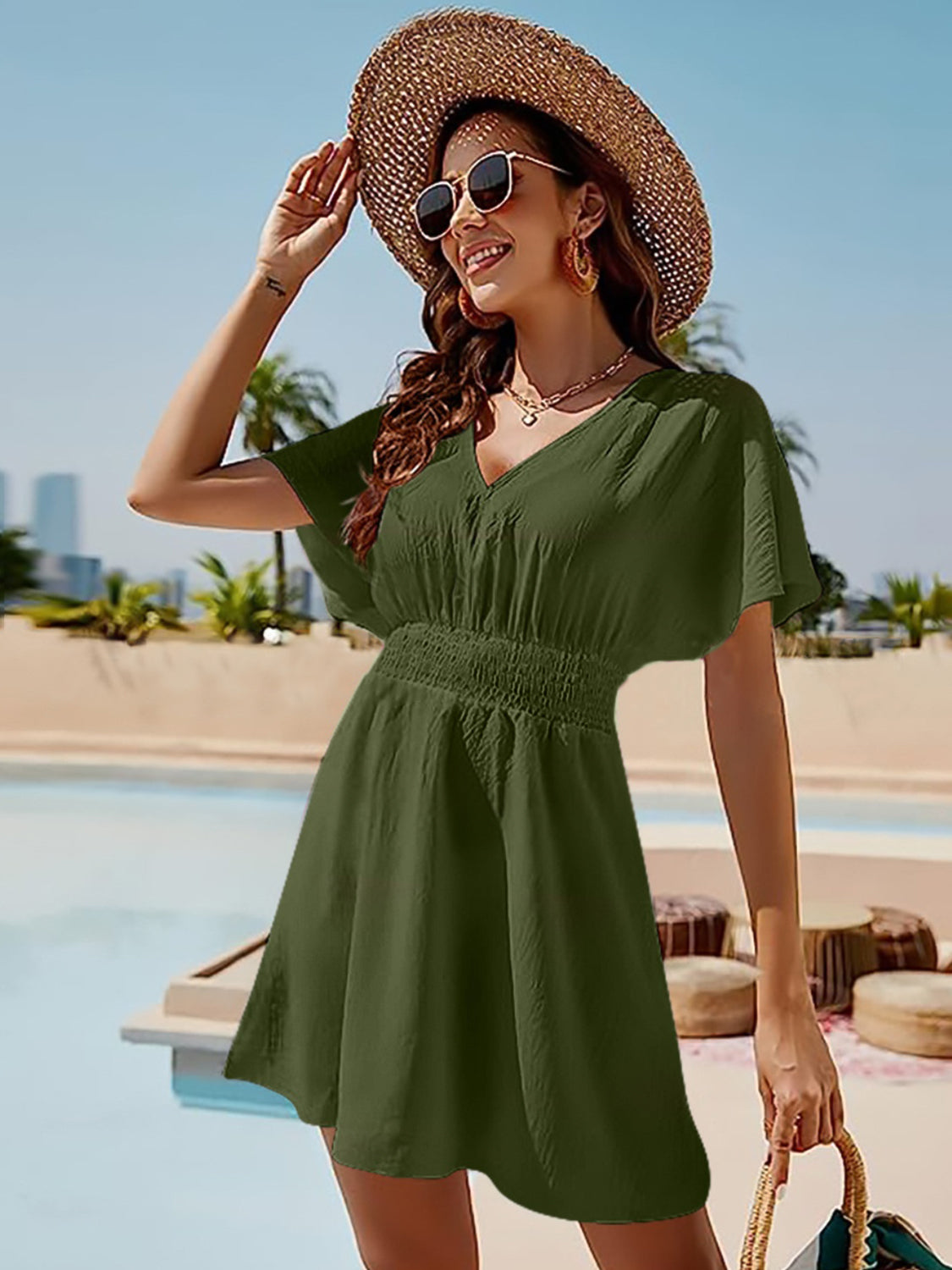 Summer Elegance: Smocked V-Neck Short Sleeve Perfect Summer Dress