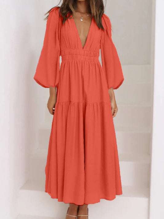 Unleash Your Style: Deep V-Neck Balloon Sleeve Maxi Dress