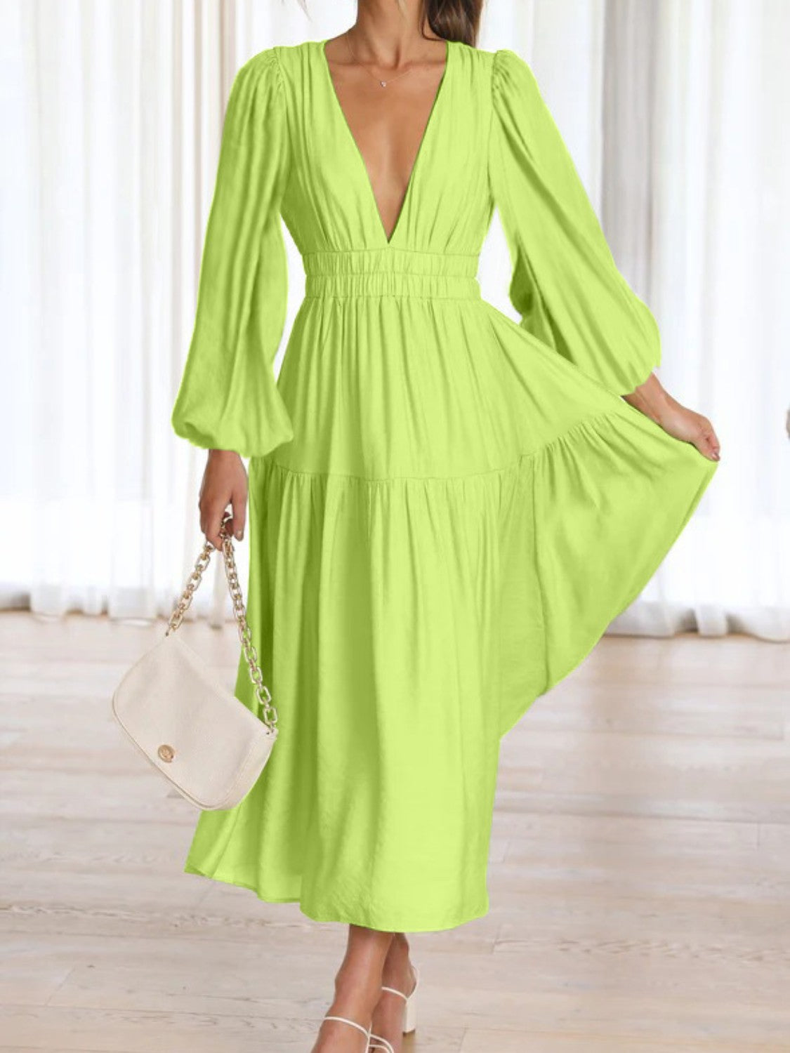 Unleash Your Style: Deep V-Neck Balloon Sleeve Maxi Dress