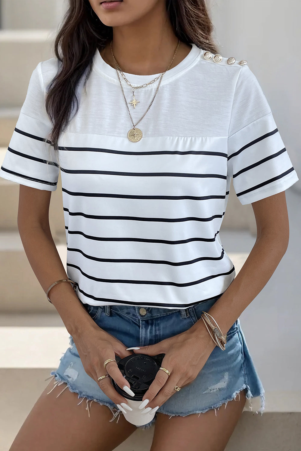 Decorative Button Striped Short Sleeve T-Shirt - Front View: Make a statement with our trendy striped tee featuring decorative buttons.