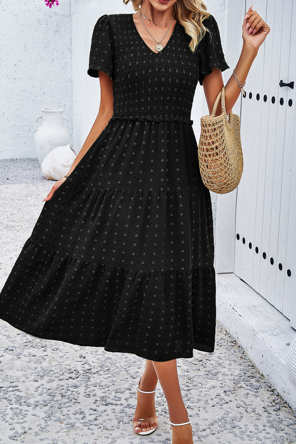 Swiss Dot Short Sleeve Smocked Dress - Front View: Delight in the whimsical charm of our Swiss dot dress.