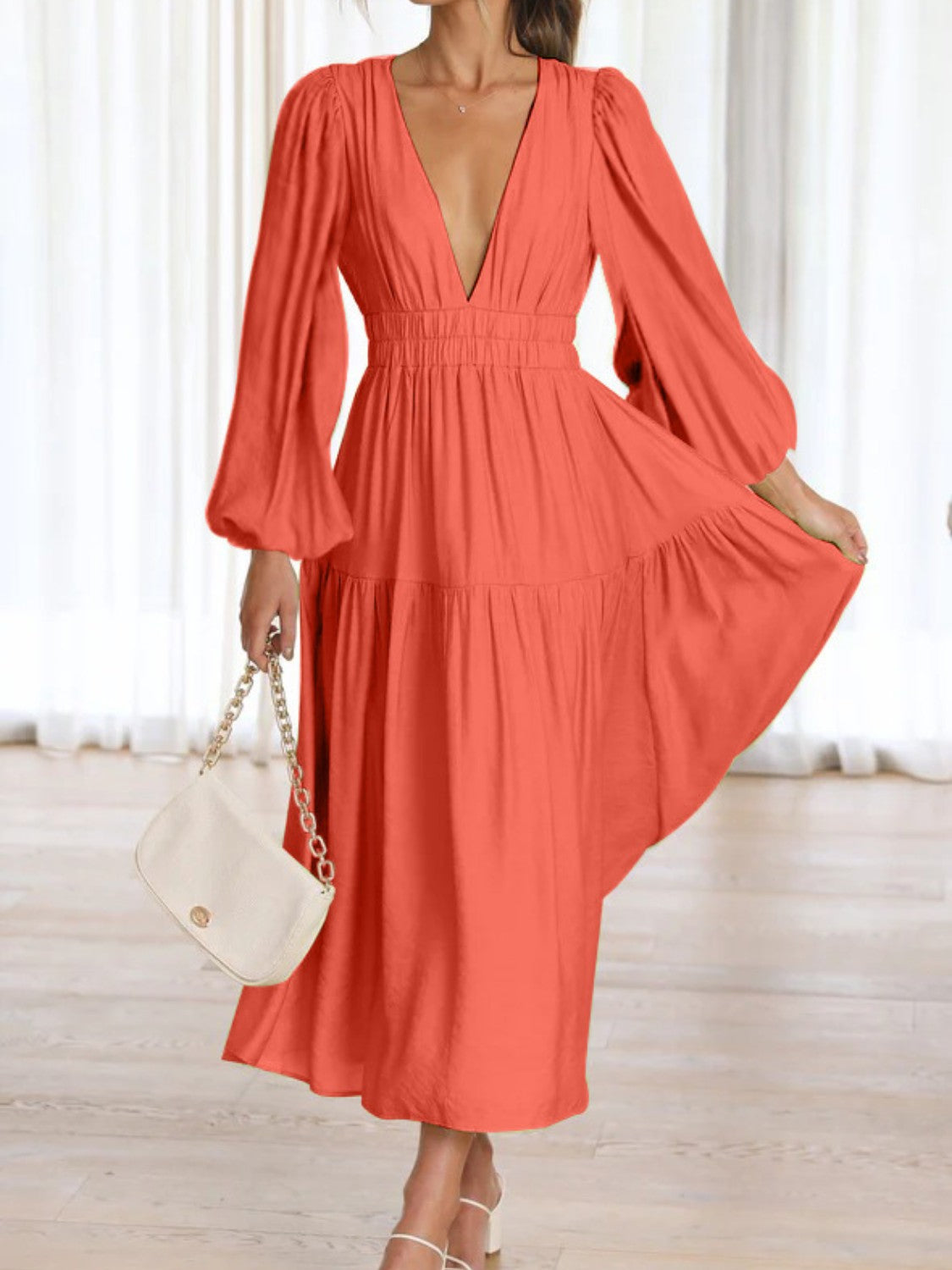 Unleash Your Style: Deep V-Neck Balloon Sleeve Maxi Dress