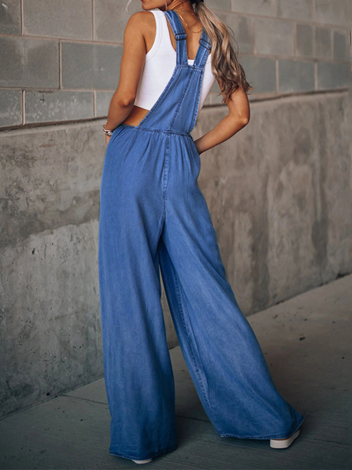 Wide Leg Denim Overalls - Stylish and comfortable overalls with a trendy wide leg design and adjustable straps. Perfect for casual wear.