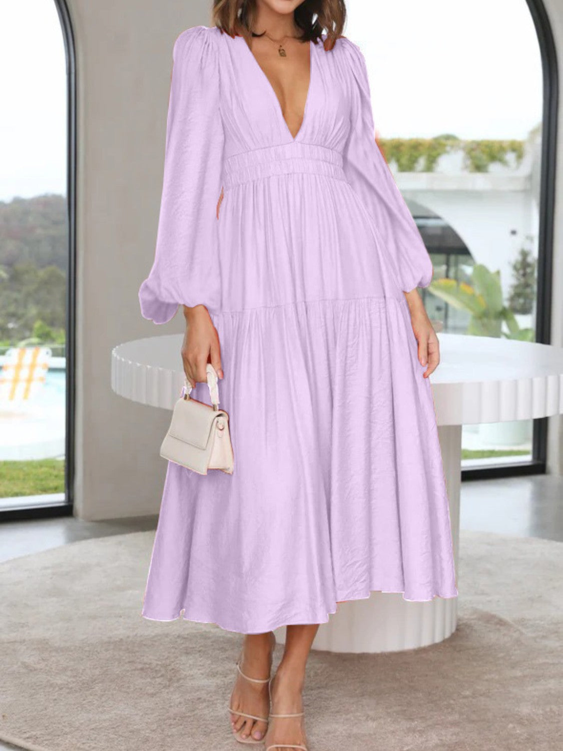 Unleash Your Style: Deep V-Neck Balloon Sleeve Maxi Dress