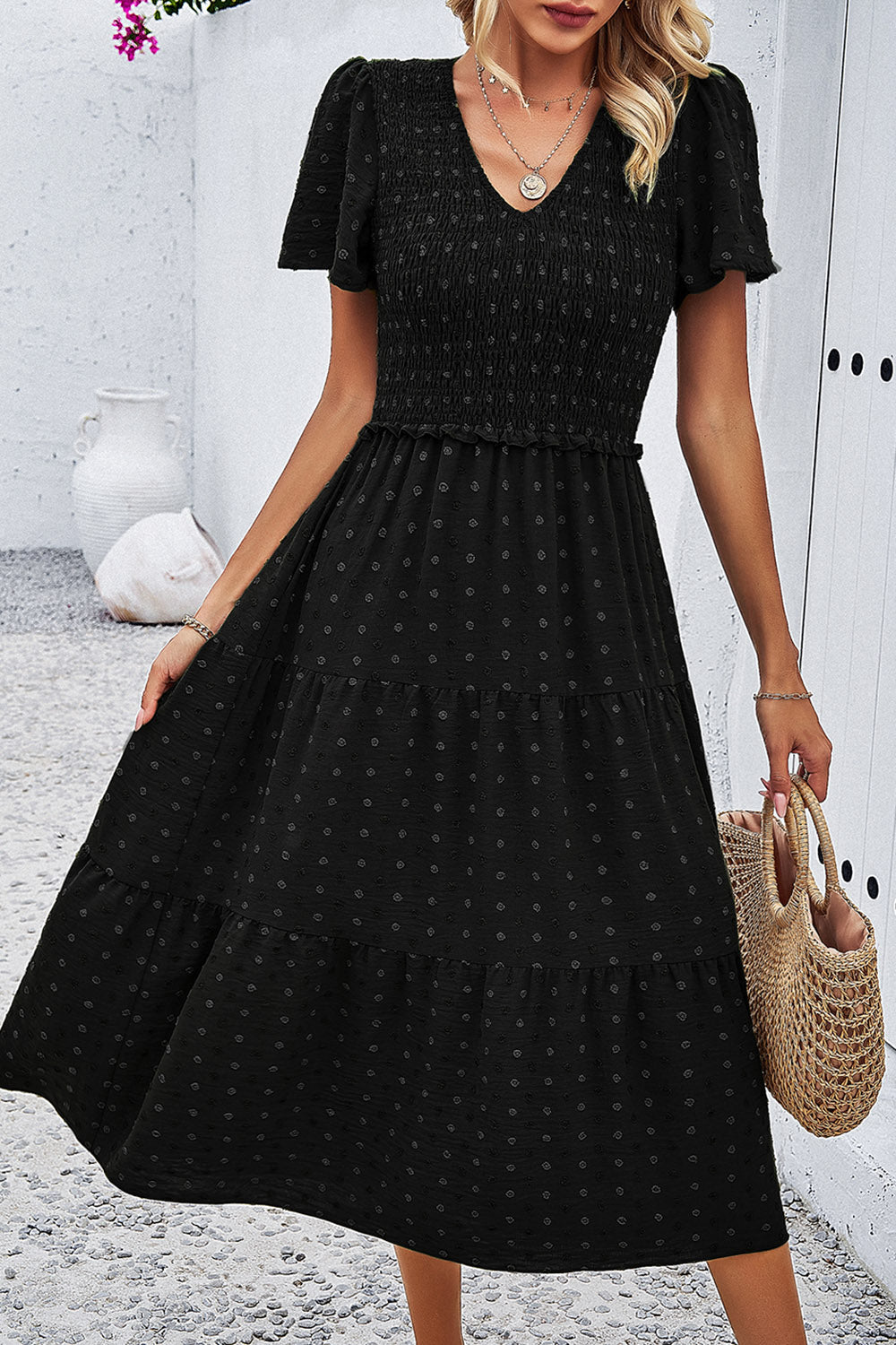 Swiss Dot Short Sleeve Smocked Dress - Front View: Delight in the whimsical charm of our Swiss dot dress.