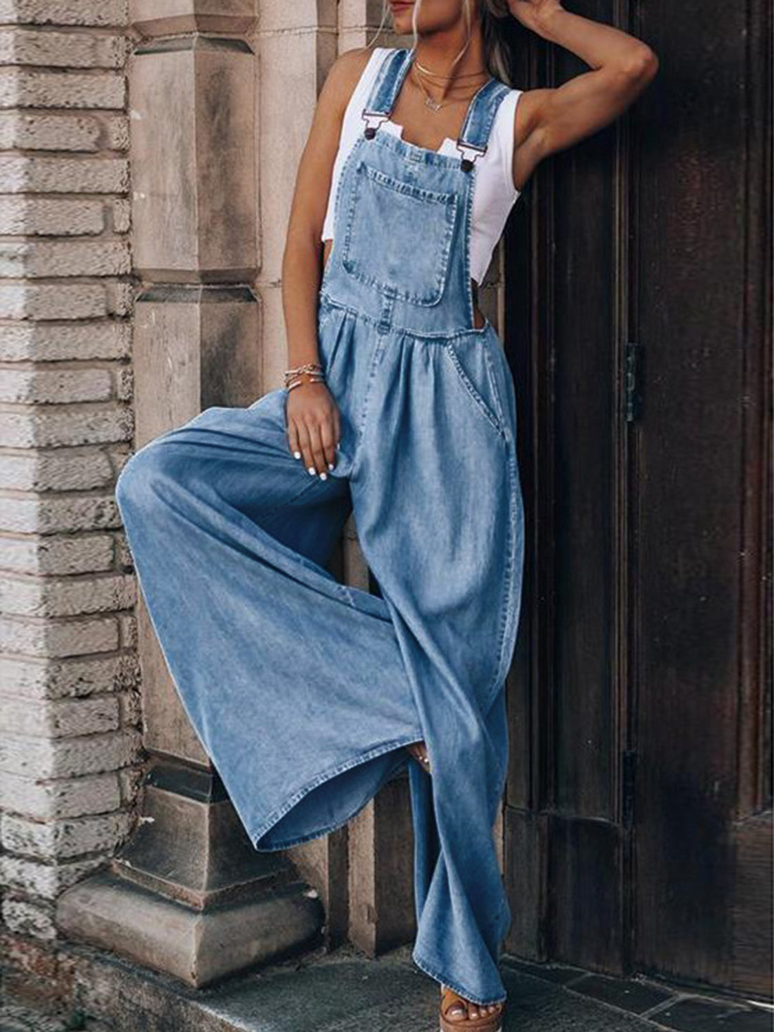 Wide Leg Denim Overalls - Stylish and comfortable overalls with a trendy wide leg design and adjustable straps. Perfect for casual wear.