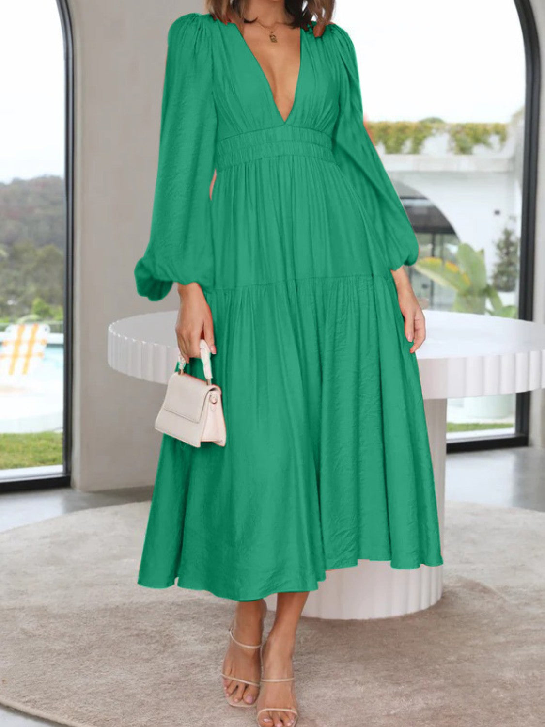 Unleash Your Style: Deep V-Neck Balloon Sleeve Maxi Dress